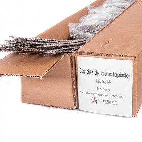 Carton de 250 bandes de clous tapissier Lentille Fer Nickelé 9,5 mm + 6000 clous