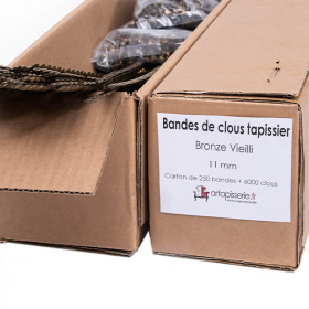 Carton de 250 bandes de clous tapissier Lentille Fer Bronze Vieilli 11 mm + 6000 clous